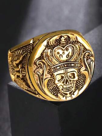 1 件男士复古朋克双鹰骷髅浮雕戒指 - 耐用铜材质，精致复古细节，适合派对、日常穿着、节日服装、嘻哈风格、时尚工艺、另类风格，适合万圣节和日常穿着、休闲或正式