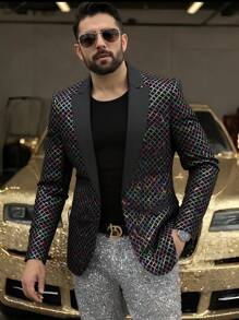 Spring New Fashion Rhombus Sequin Men's Suit Jacket, Lightweight Shiny Blazer For Stage Performance, Party Outfit
