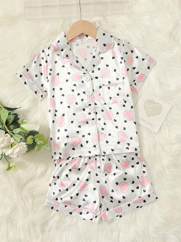 Set de 2 piezas de pijama con estampado de corazón, cuello vuelto, botones, mangas cortas y pantalones cortos con bolsillo para niñas, ropa de estar por casa simple y casual