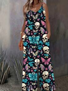 Summer Fashionable Skeleton Print Jumpsuit, Knitted Material With Pockets, Suitable For Festivals And Daily Wear, Spring/Summer - Blue - View 2