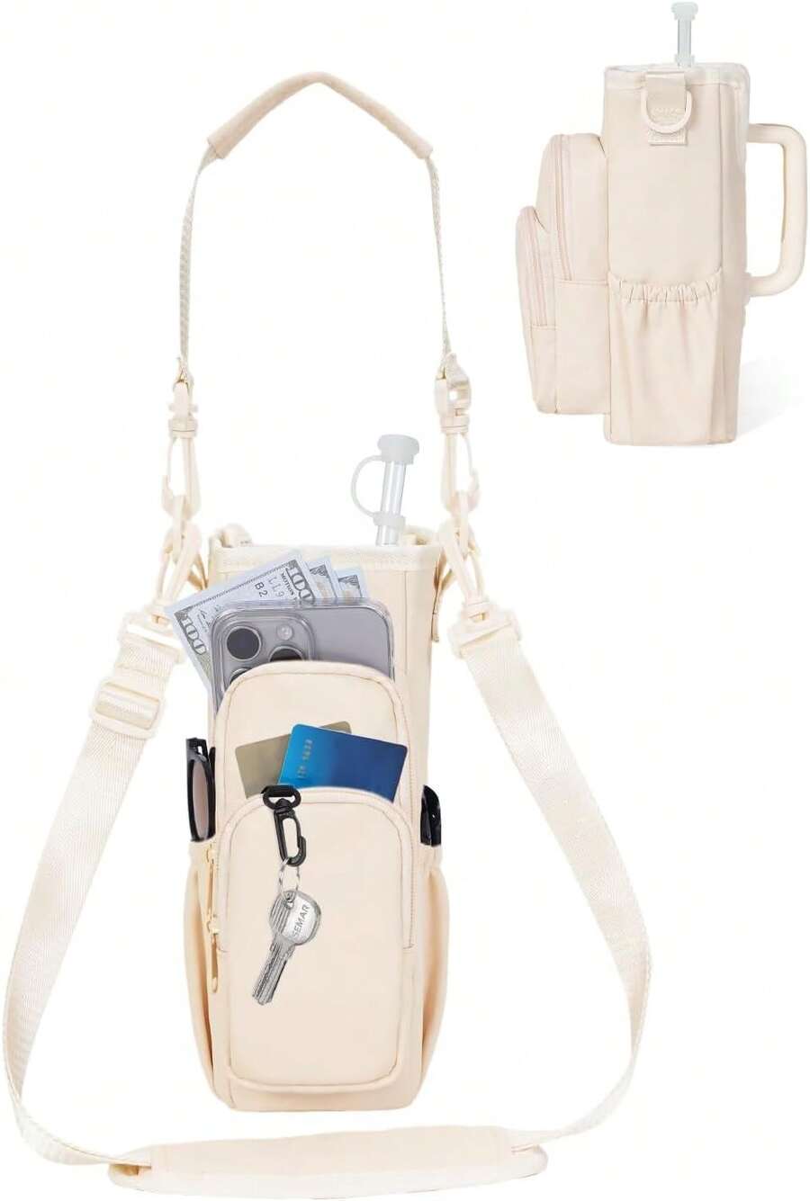Water Bottle Carrier Bag With Phone Pocket For 30oz 40oz Tumbler With Handle Accessories Insulated Water Bottle Holder Pouch With Strap Water Bottle Sling Bag Crossbody With Straw Cover - 米色 - 查看 1