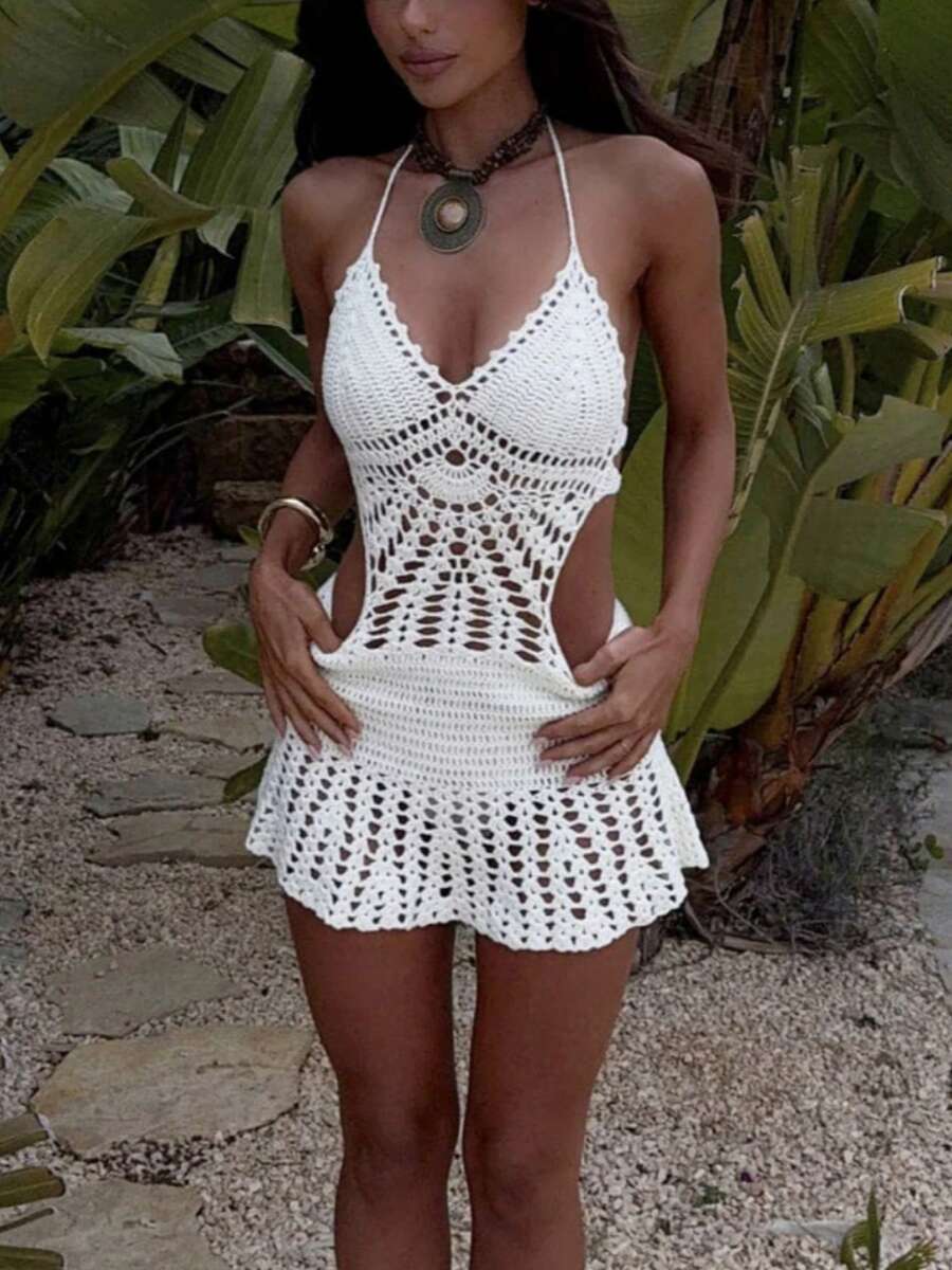 Women White Halter Crochet Dress Solid Color Cutout Backless Slim Fit Mini Dress Rave Outfit  Beach  Holiday Outfits Club Streetwear - 白色 - 查看 1