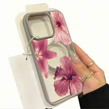 Dusty Pink Lilies Hibiscus Flowers Bloom-Pastel Magnetic Phone Case For IPhone 16/15/14/13/12/11/X/XS -Slim TPU Shockproof Cover,Anti-Slip & Scratch-Resistant, Summer Gift Idea - Grey - View 2