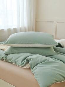 2/3件套浅绿色和白色双面被套套装，纯色柔软亲肤被套套装，简约风格双面被套套装，舒适柔软透气，适用于单人/双人/加大/特大号床 - 卧室、客房、宿舍的理想之选，1件被套配1/2个枕套（不含填充物），可机洗床上用品 - 綠色+白色 - 查看 5
