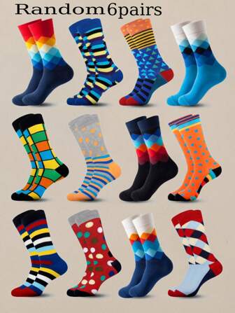 6 Pairs Random Men's Multicolored Mid-Calf Socks, Funny Fun Crazy Stimulate Novelty Cool Socks For Daily Life, Gift For Men, Fall Socks