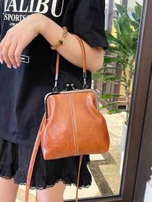 1个复古仿皮斜挎包，女士复古风吻锁迷你手提包，配有可调节肩带，纯色轻便都市手提包，涤纶衬里，男女通用 - 棕色 - 查看 2