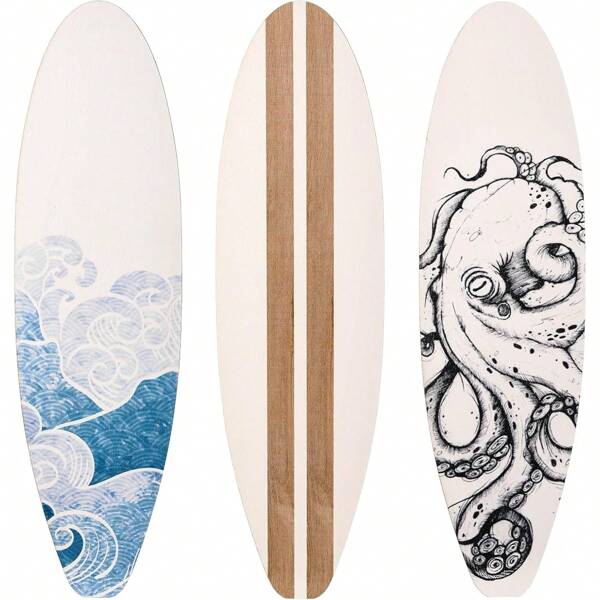 3 Pcs, Wooden Surfboard Beach Decor, Wall Decoration Wooden Wall Sign, Ocean And Beach Theme Decorative Pendant Presented In Artistic Style, Suitable For Tropical Bedroom Living Room Decoration