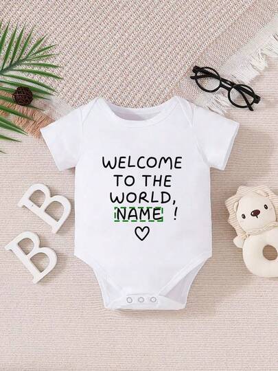 [Personalizado] Body de bebé con estampado de nombre personalizado, de manga corta, Mono casual y lindo de una sola pieza - Cuello redondo blanco, cómodo y transpirable