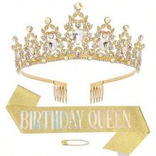 Birthday Queen Crown And Sash For Women, Rhinestone Tiara With Satin Birthday Queen Sash, Birthday Party Decorations Photo Booth Props Gifts - Multicolor - View 18