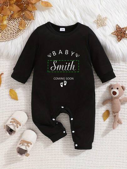 [Customized] Baby Girl Personalized Name Print Unisex Baby Jumpsuit, Round Neck Long Sleeve Jumpsuit For Toddler Boys And Girls, Customized Letter Design, Casual & Comfortable, Suitable For Outdoor Wear