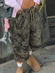 Jeans larghi da lavoro stile camouflage retrò, pantaloni casual con tasche grandi tri-dimensionali, gamba dritta, sette ottavi, unisex - Francobollo 38 - Visualizzare 4