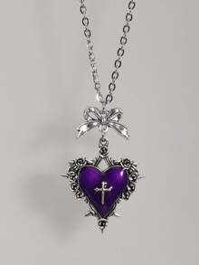Gothic Y2K Subculture Purple Heart Bow Thorn Pendant Necklace, Unique Design Collarbone Necklace - Purple - View 4