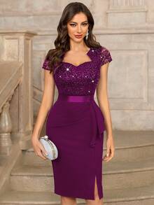 MIUSOL Sequin Lace Sweetheart Neck Ruffle Hem Cocktail Party Bodycon Dress - Maroon - View 2