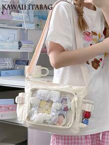 Kawaii Small Bag Girls Solid Color With Clear Transparent Pocket 10CM Dolls Bag Japanese Style Preppy Crossbody Bags Women Purses And Handbags DIY Shoulder Bag With Badges Display Plate Back To School Gifts Anime Fans Concert Pins Bag - White - View 2