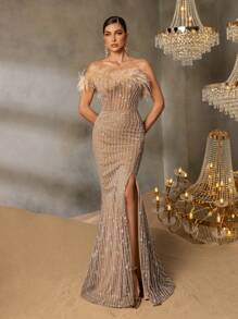 Faeriesty Faeriesty Strapless Beaded Mermaid Evening Gown With Feather-Accented Shoulders & Back Tie-Up Detail - High-Slit Sheer Tulle Dress For Grand Galas, Luxury Weddings, Red Carpet Events, Black-Tie Receptions