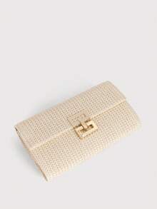 女士扭锁翻盖草编沙滩包链条编织钱包手包