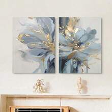 2 piezas Pintura en lienzo con estampado de flores abstracto moderno y lujoso en azul claro y dorado, póster de flores abstractas para decoración de sala de estar, dormitorio y estudio, sin marco - Azul - Ver 10