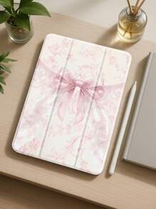 Beautiful Pink Flower Bow Pattern Transparent Silicone Shock-Absorbing Stand With Pen Slot, Suitable For Galaxy Tab A8 10.5, S6 Lite 10.4, S7/S8/S9Inch. It Supports Sleep Awakening As A Holiday Gift