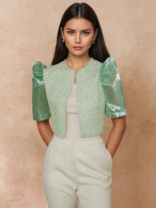 Ladies Spring/Summer Floral Puff Sleeve Cropped Cardigan Top Terno - Green - View 4