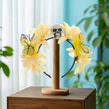 Diadema de Halloween para mujer con calaveras, flores y mariposas, aro para el pelo para fiestas, disfraces, accesorios para fotos. - Amarillo - Ver 5