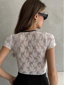 Elegant Lace Patchwork Color Block Blouse With Fiyonk Details, White, Suitable For Party, Stage And Concerts - White - View 2