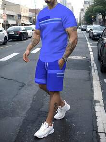 Conjunto Esportivo Casual Masculino, Camiseta e Shorts Estampados 3D de Verão, Tecido de Malha Respirável - Azul - Visão 4