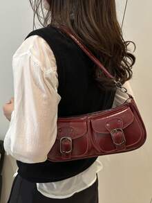 SHEIN BAE 复古百搭皮革装饰拉链吊带腋下法棍包，新款纯色PU皮革女士小手提包 - 紅色 - 查看 3