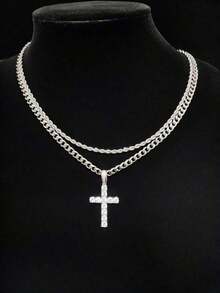 2pcs Set Men's Rhinestone Accent Cuban Twist Rope Chain Necklace With Cross Pendant, Fashion Versatile Accessory, Suitable For Men & Women, New Year, Valentine's Day Gift - Nhiều màu - Xem 2