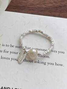 纯银碎银天然珍珠戒指女士幸运吊牌弹力绳戒指 - 銀色 - 查看 8