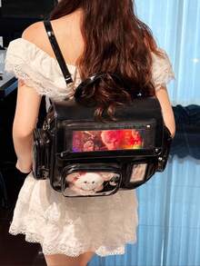 Japanese New PU Leather Fashion Y2K Style Chain Transparent Badge Hanging Bag, Suitable For Daily Leisure And Street Commuting, Multi-Functional Large-Capacity Single-Shoulder Cross-Body Backpack, Idol Support Bag, Can Place Small Objects - Black - View 5