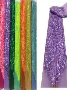 5码/1码紫色优雅非洲蕾丝面料2025黄色法国网眼亮片面料缝纫刺绣蕾丝薄纱网眼尼日利亚婚纱绿色 - 彩色 - 查看 3