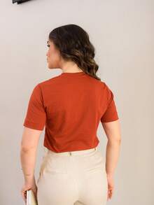 Women's Terra Cota Blouse Embroidery Floral Necklace On O-Neck Short Sleeve Fashion Casual Elegant Comfortable - 赤土陶 - 查看 3