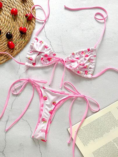 Bikinx 女士甜美水果印花系带比基尼套装，夏季