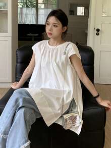 宽松中长款白色盖袖亚麻衬衫，女士无袖上衣，夏季 - 白色 - 查看 1