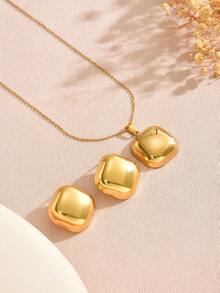 1 套女士时尚不锈钢闪亮几何设计首饰套装，适合女性通勤风格 - 金黃色 - 查看 4