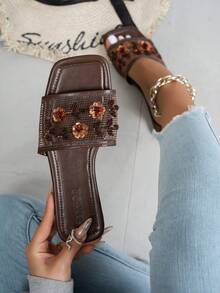 女士时尚方头手工串珠花卉装饰平底凉鞋，网眼透气，舒适轻便，防滑户外拖鞋，适合户外旅行、徒步旅行、休闲，咖啡棕色 - 咖啡棕 - 查看 1