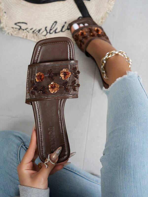 Women's Fashion Square Toe Handmade Beaded Floral Decor Flat Sandals, Mesh Breathable, Comfortable, Lightweight, Non-Slip Outdoor Slippers, Suitable For Outdoor Travel, Hiking, Leisure, Coffee Brown