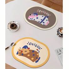 Oval Dopamine Cartoon PU Waterproof Anti-Oil Placemat, Heat-Resistant Trivet Mat For Table, Plate And Cup, Kitchen Decor - Multicolor - View 3