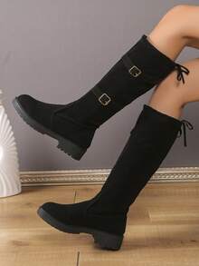Fashionable Platform Boots, Retro Biker Style, Suitable For Evening Gowns As Stylish Night Boots, Ruched Western Design - Black - View 1