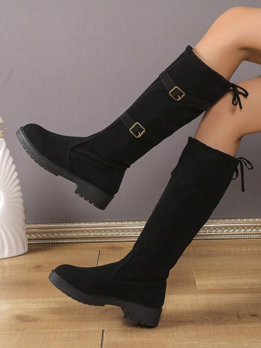 Fashionable Platform Boots, Retro Biker Style, Suitable For Evening Gowns As Stylish Night Boots, Ruched Western Design - Black - View 1