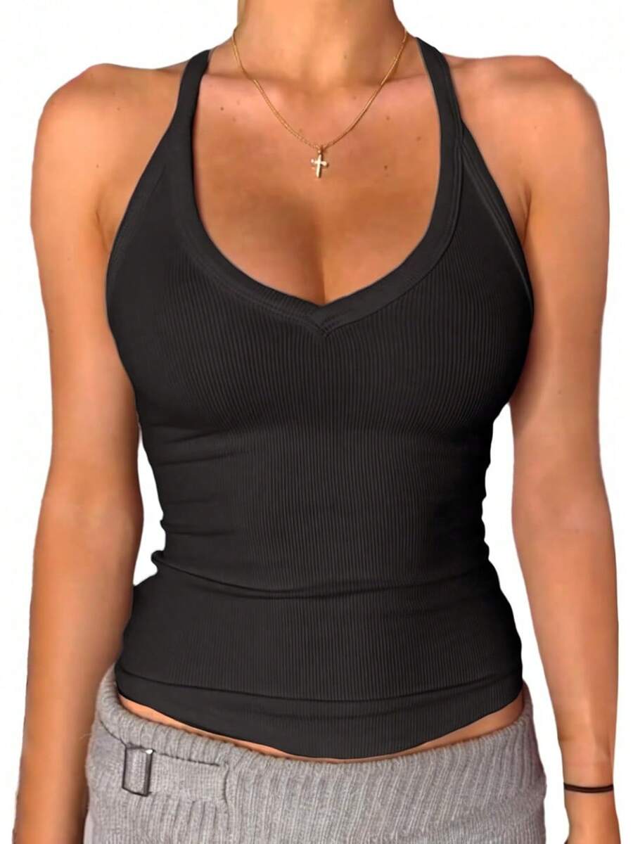 Racer Back Top Women Padded Ribbed Long Fitted Basic Cami Tops, Style AOVD - 黑色 - 查看 1