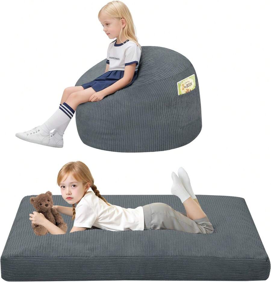 Bean Bag Chair For Kids 8-12, Toddler Beanbag Bed Corduroy, Convertible Child Bean Chair To Floor Mattress With Filler, Kid Reading Comfy Lounge Couch For Boys And Girls Bedroom, Grey - 深灰色 - 查看 1