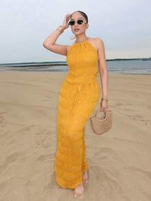 Melissa Matos Apricot Chiffon Multi-Layer Pleated Lace Trim Halter Backless Maxi Dress Set, Romantic Elegant 2-Piece Outfit - Yellow - View 1