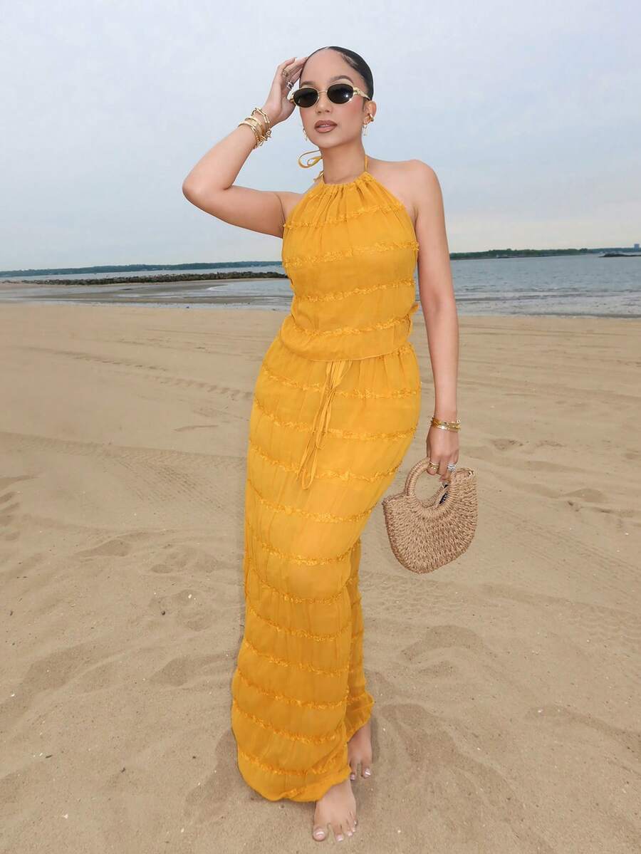 Melissa Matos Apricot Chiffon Multi-Layer Pleated Lace Trim Halter Backless Maxi Dress Set, Romantic Elegant 2-Piece Outfit - Yellow - View 1