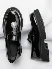 男士正装皮革正装鞋，青少年时尚厚底增高运动鞋，英伦风格乐福鞋，婚礼商务休闲日常男士正装/商务正装鞋 - 亮黑色 - 查看 1