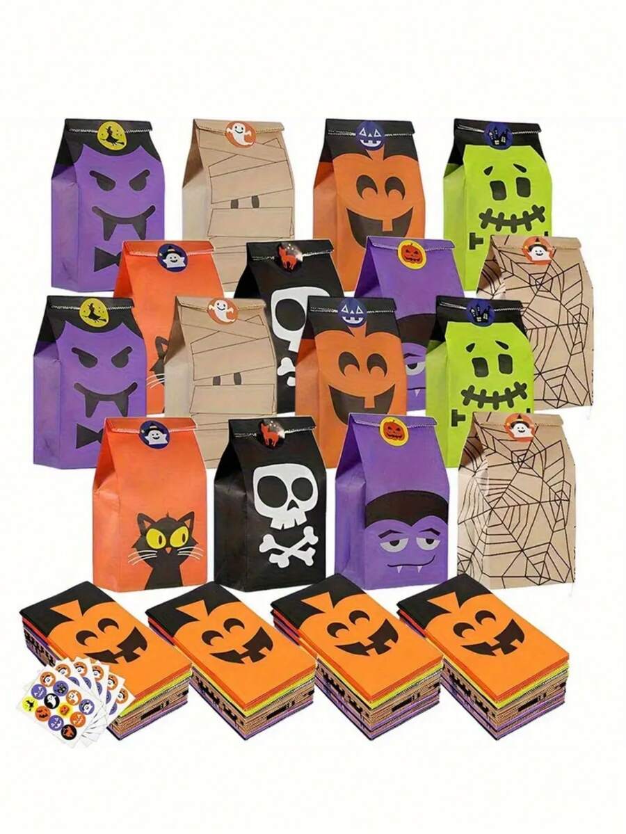 24/32/40/48pcs Halloween Candy Bags With Stickers - "Trick Or Treat" Themed Candy Bags, 8 Different Designs, Suitable For Party Favors, Candy Bags With Fun Sticker Sets, Great For Halloween Party Activities And Gifts - Multicolor - View 1