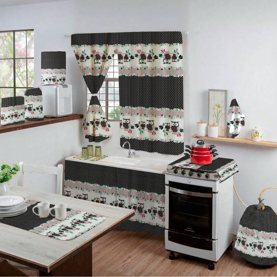 Complete Kitchen Set Kit 10 Pieces Printed With Table Runner - Cú Đen - Xem 1