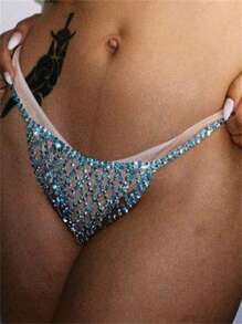 Tanga de malla calada y sexy, lencería de bikini con diseño exagerado de joyería para mujeres