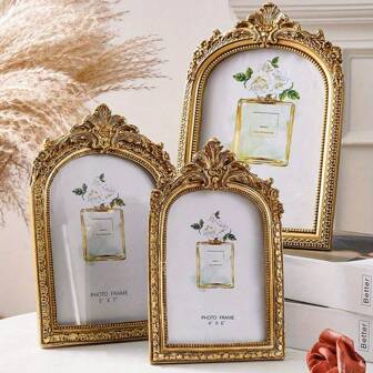 Vintage European-Style Golden Lace Arch Decorative Photo Frame | Suitable For Wedding Photos, Home Decor , Wedding Anniversary Party Christmas Gift Window Shaped Frame For Tabletop And Wall Mounting, Antique Arch Frame For Home Office Decor
