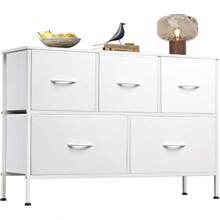 WLIVE Cómoda para Dormitorio con 5 Cajones, Cómoda Ancha, Cómoda de Tela, Unidad de Organización de Almacenamiento con Cajas de Tela para Armario, Sala de Estar, Pasillo, Impresión de Grano de Madera Marrón Rústico - Blanco - Ver 9